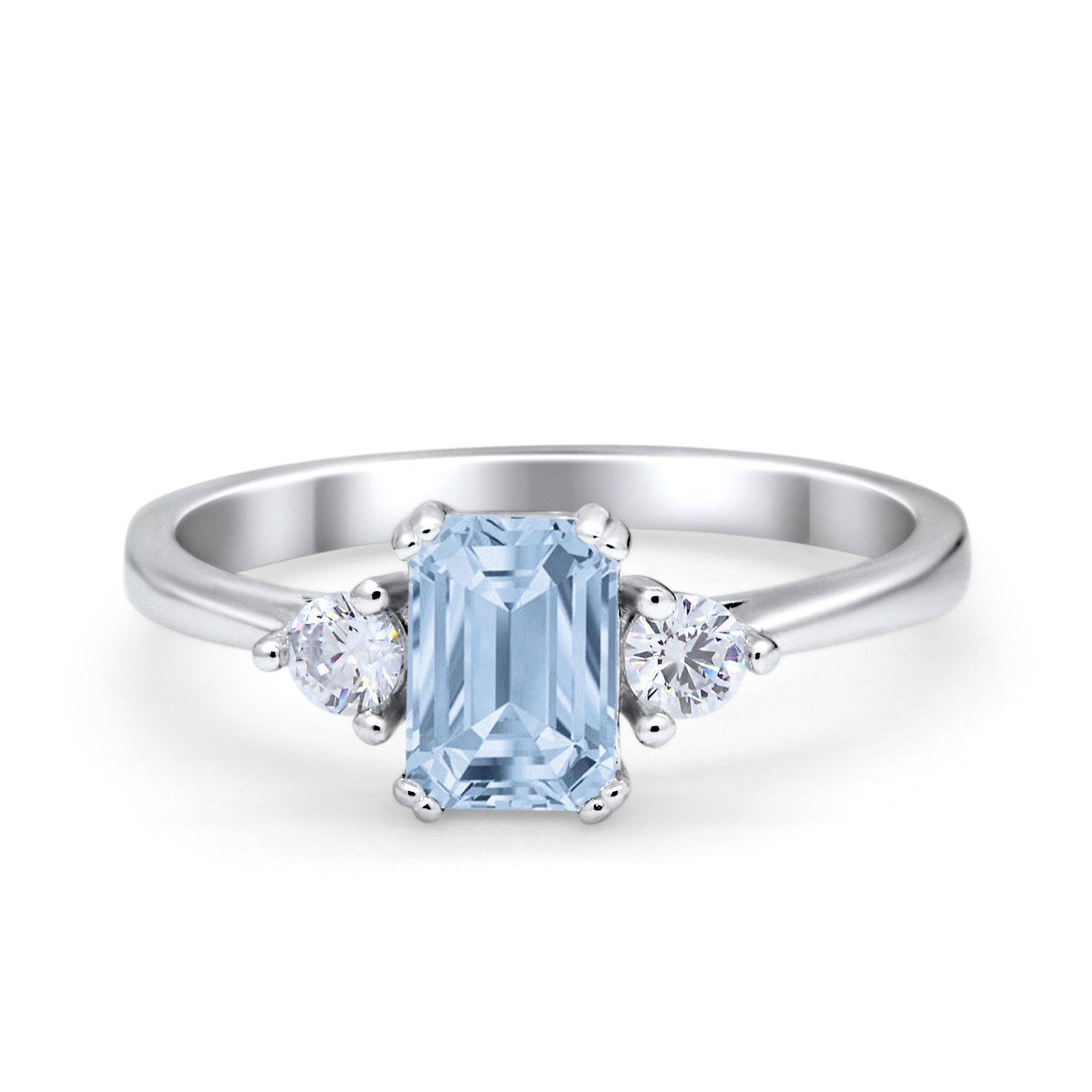 Emerald Cut Wedding Ring Round Simulated Cubic Zirconia 925 Sterling Silver