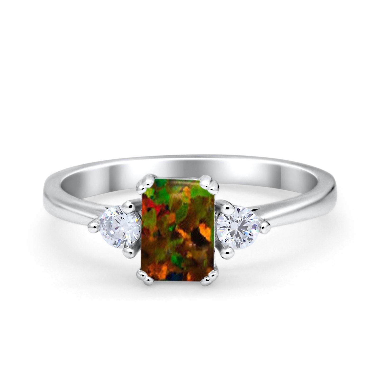 Emerald Cut Wedding Ring Round Simulated Cubic Zirconia 925 Sterling Silver