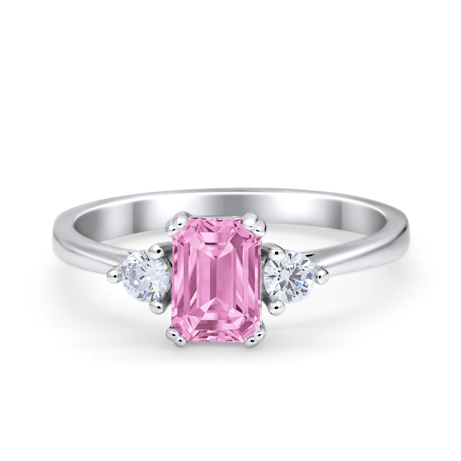 Emerald Cut Wedding Ring Round Simulated Cubic Zirconia 925 Sterling Silver