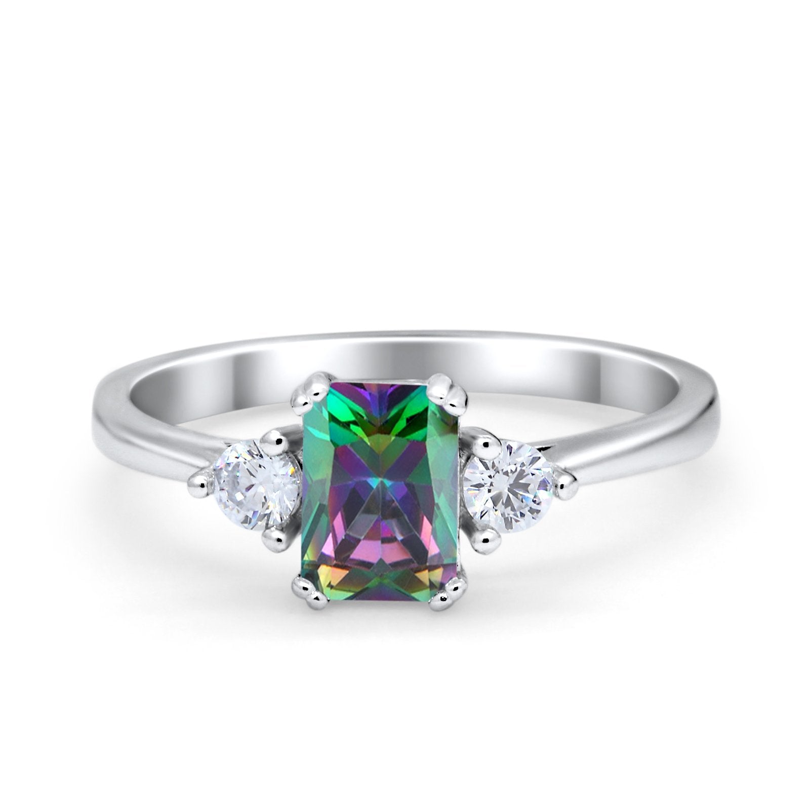 Emerald Cut Wedding Ring Round Simulated Cubic Zirconia 925 Sterling Silver