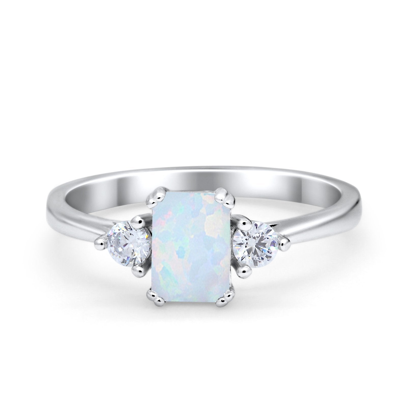 Emerald Cut Wedding Ring Round Simulated Cubic Zirconia 925 Sterling Silver