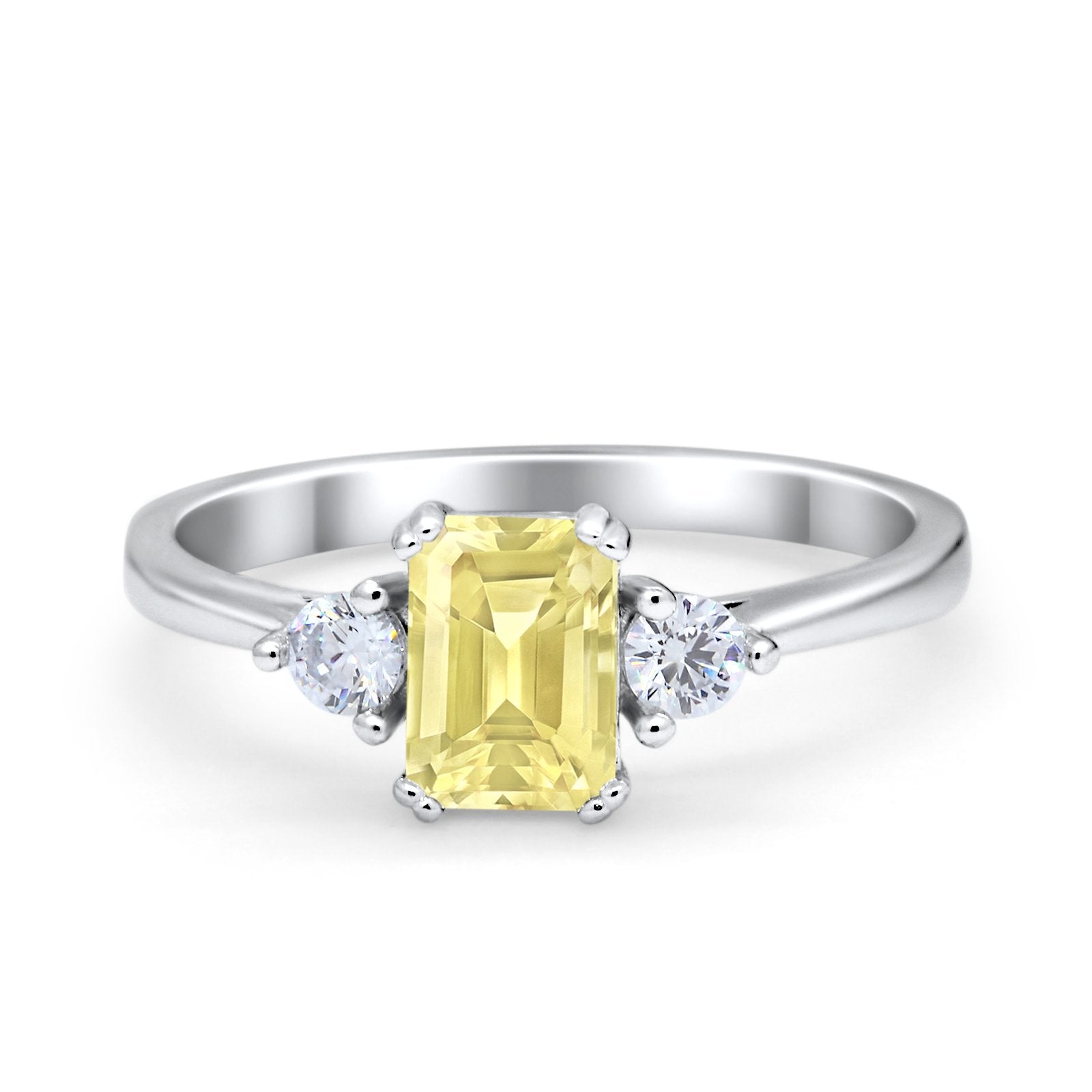 Emerald Cut Wedding Ring Round Simulated Cubic Zirconia 925 Sterling Silver