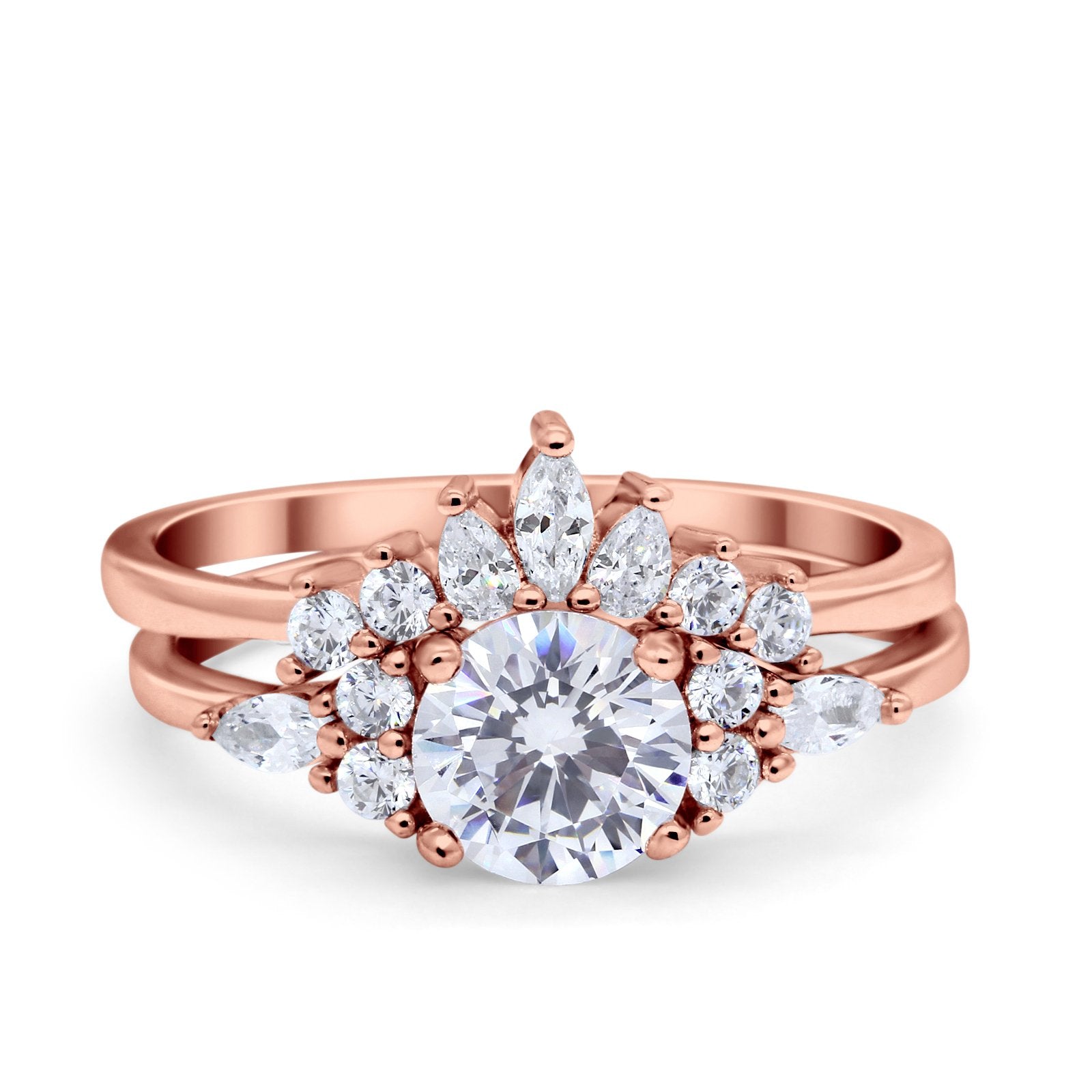 Two Piece Wedding Ring Round Simulated Cubic Zirconia 925 Sterling Silver