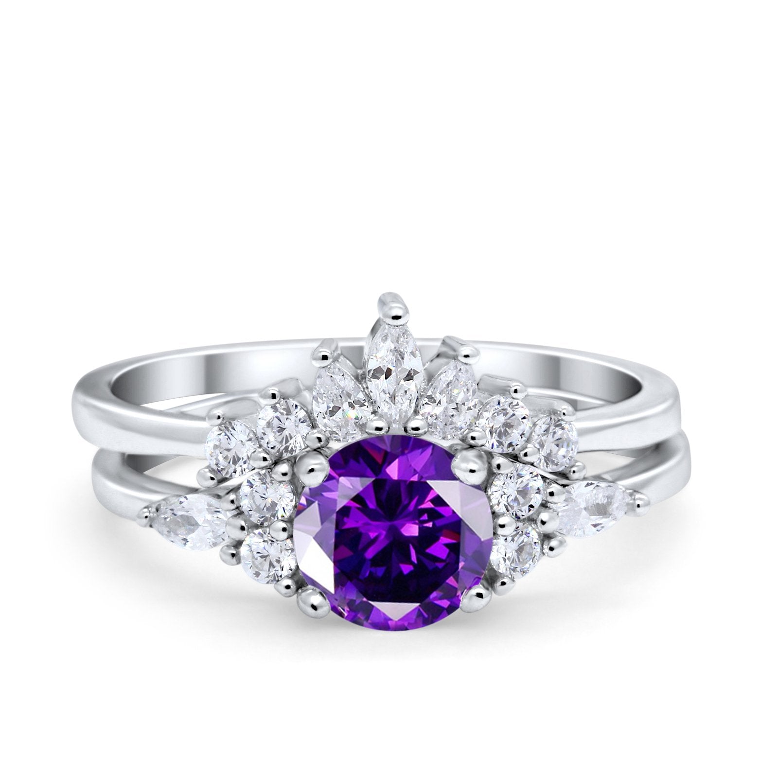 Two Piece Wedding Ring Round Simulated Cubic Zirconia 925 Sterling Silver