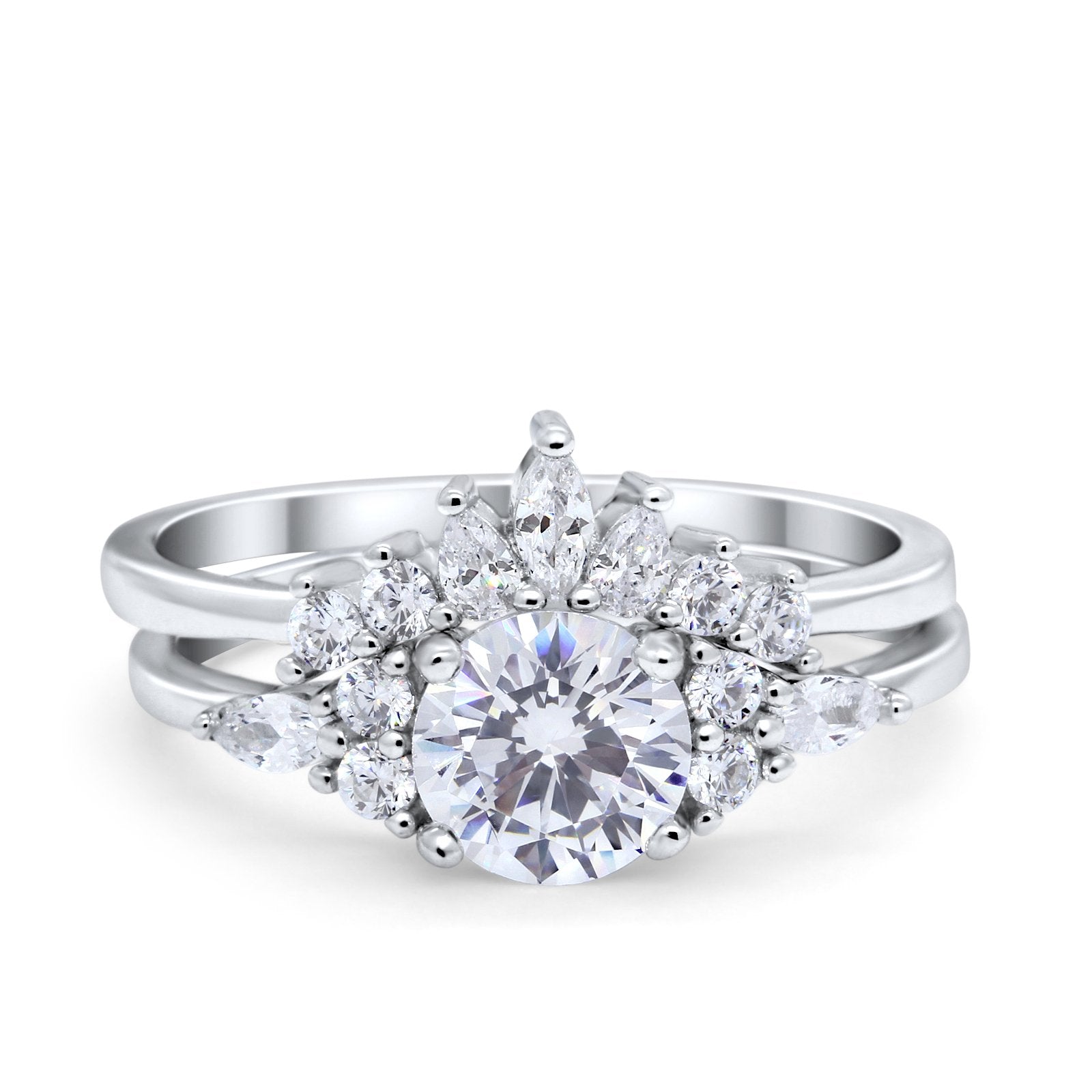 Two Piece Wedding Ring Round Simulated Cubic Zirconia 925 Sterling Silver