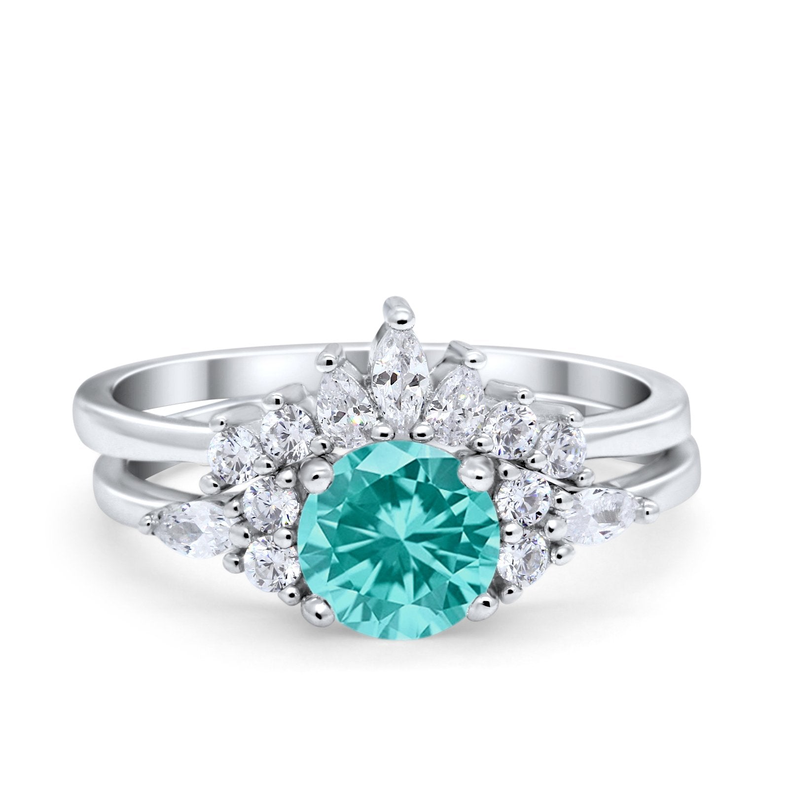 Two Piece Wedding Ring Round Simulated Cubic Zirconia 925 Sterling Silver