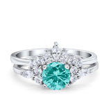 Two Piece Wedding Ring Round Simulated Cubic Zirconia 925 Sterling Silver