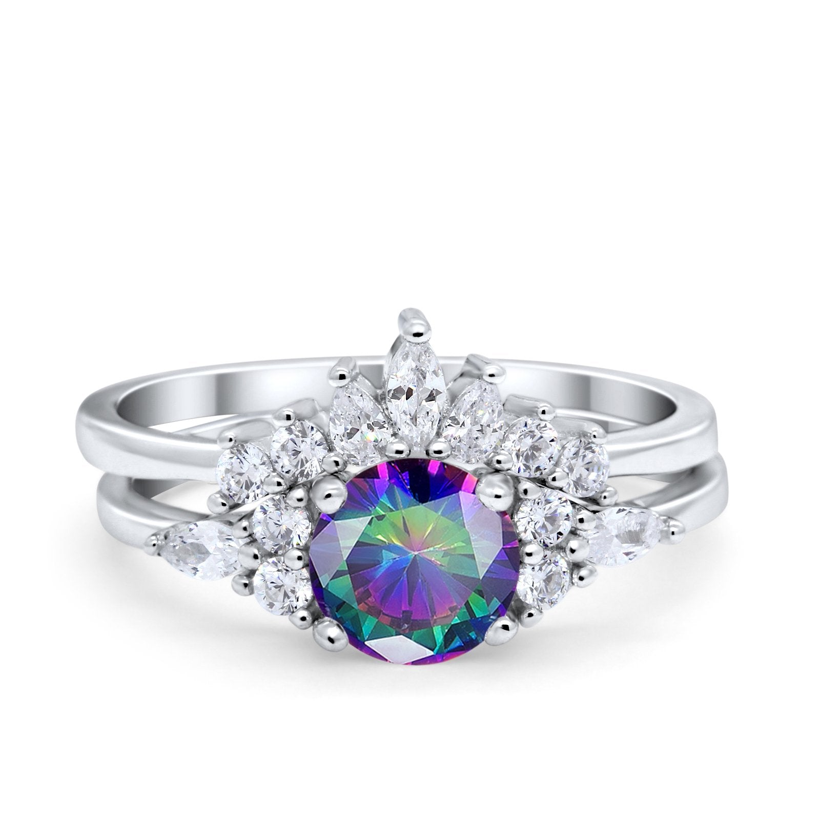 Two Piece Wedding Ring Round Simulated Cubic Zirconia 925 Sterling Silver