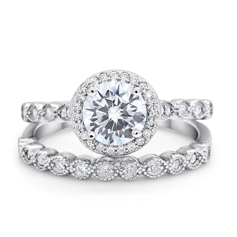 Art Deco Two Piece Wedding Ring Simulated Cubic Zirconia 925 Sterling Silver