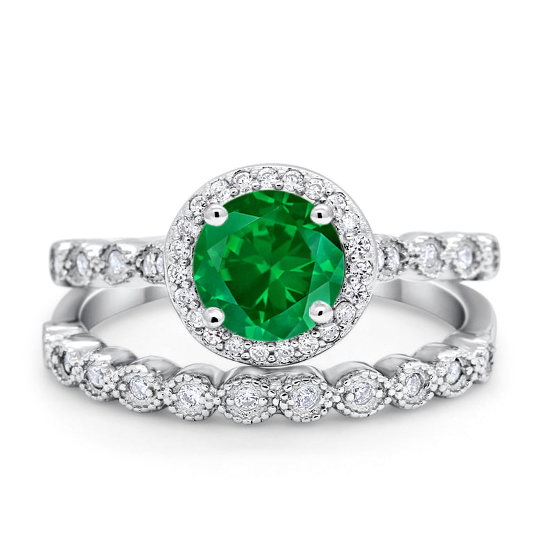 Art Deco Two Piece Wedding Ring Simulated Cubic Zirconia 925 Sterling Silver