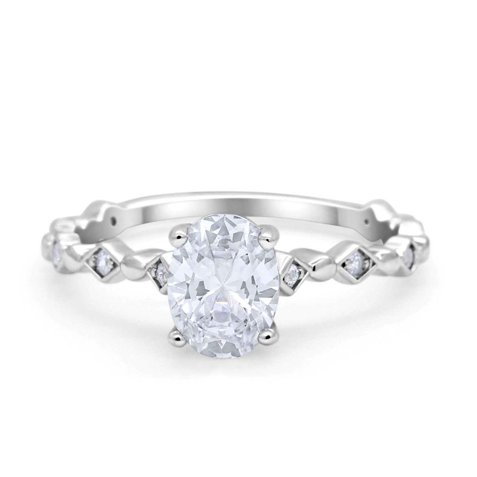 Oval Art Deco Engagement Ring Round Simulated Cubic Zirconia 925 Sterling Silver