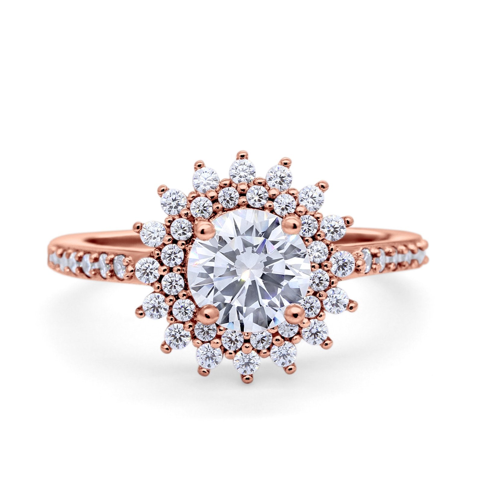 Halo Starburst Flower Wedding Ring Simulated Cubic Zirconia 925 Sterling Silver