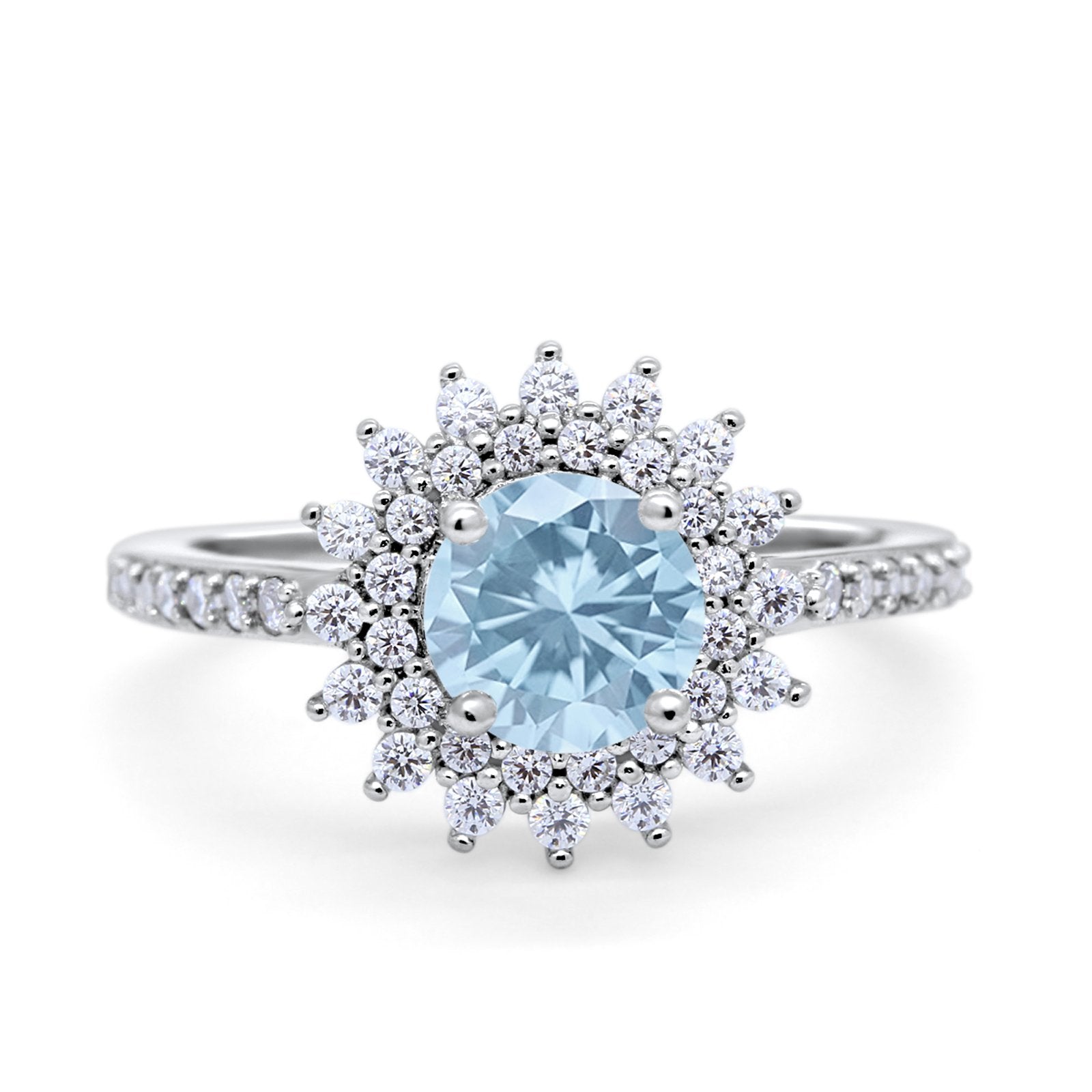 Halo Starburst Flower Wedding Ring Simulated Cubic Zirconia 925 Sterling Silver