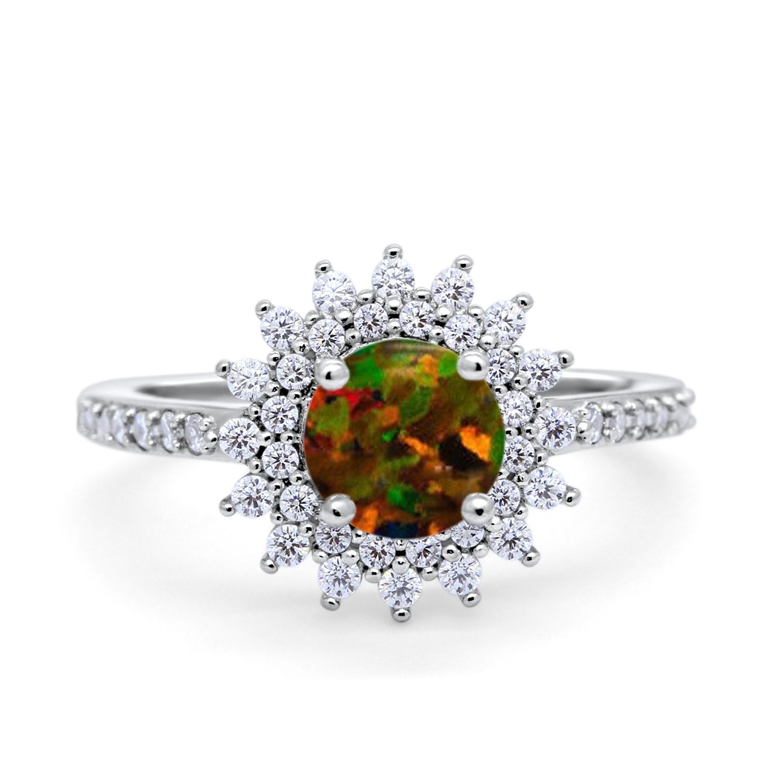 Halo Starburst Flower Wedding Ring Simulated Cubic Zirconia 925 Sterling Silver