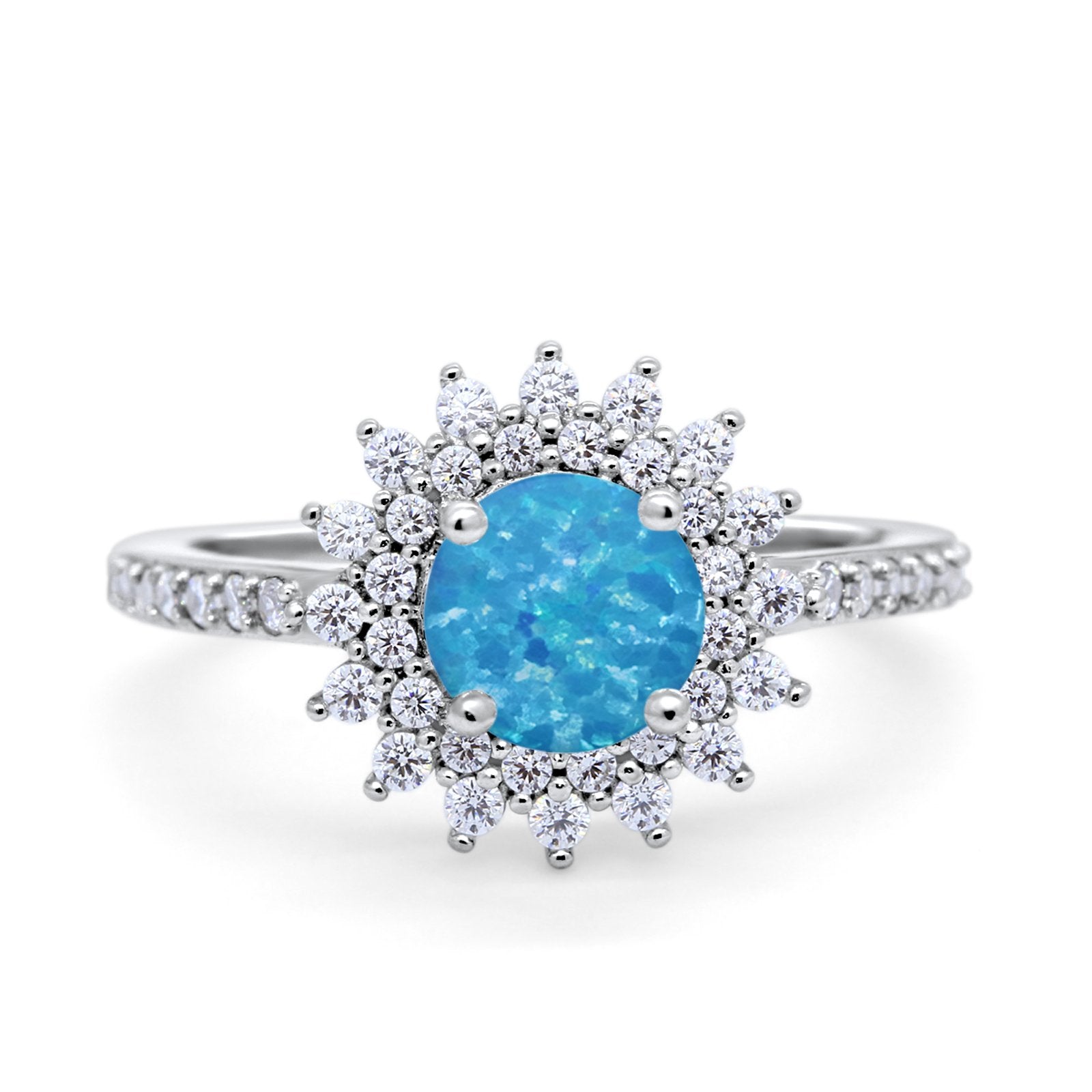 Halo Starburst Flower Wedding Ring Simulated Cubic Zirconia 925 Sterling Silver