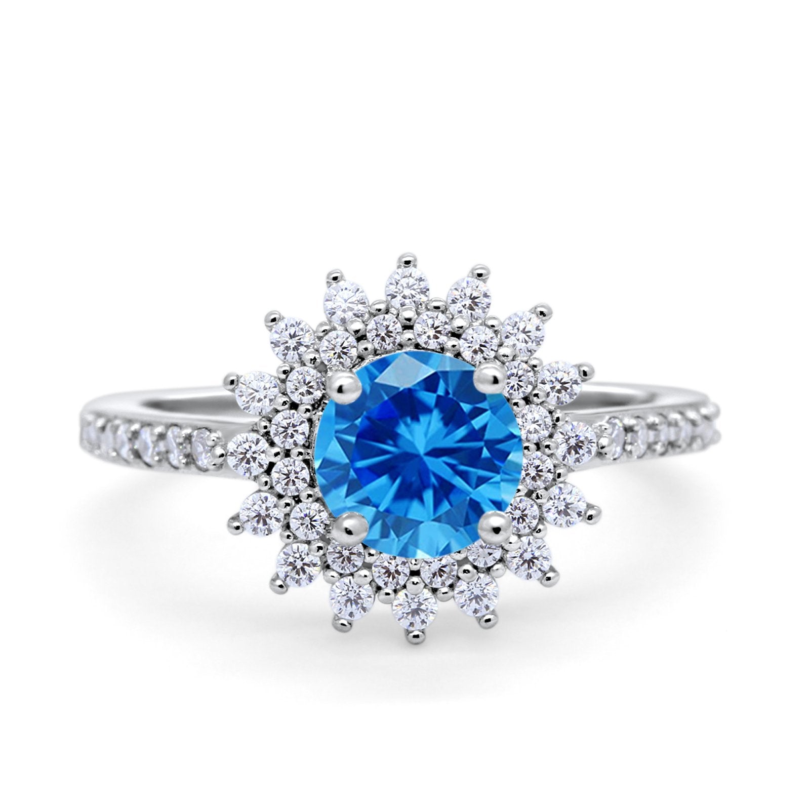 Halo Starburst Flower Wedding Ring Simulated Cubic Zirconia 925 Sterling Silver