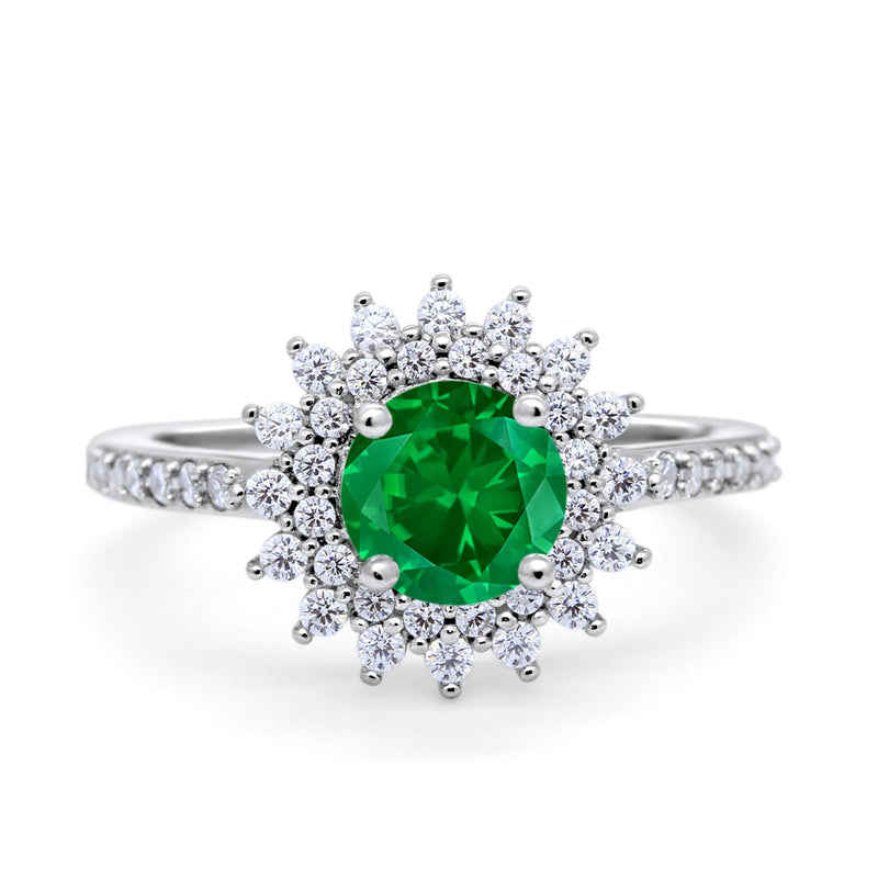 Halo Starburst Flower Wedding Ring Simulated Cubic Zirconia 925 Sterling Silver