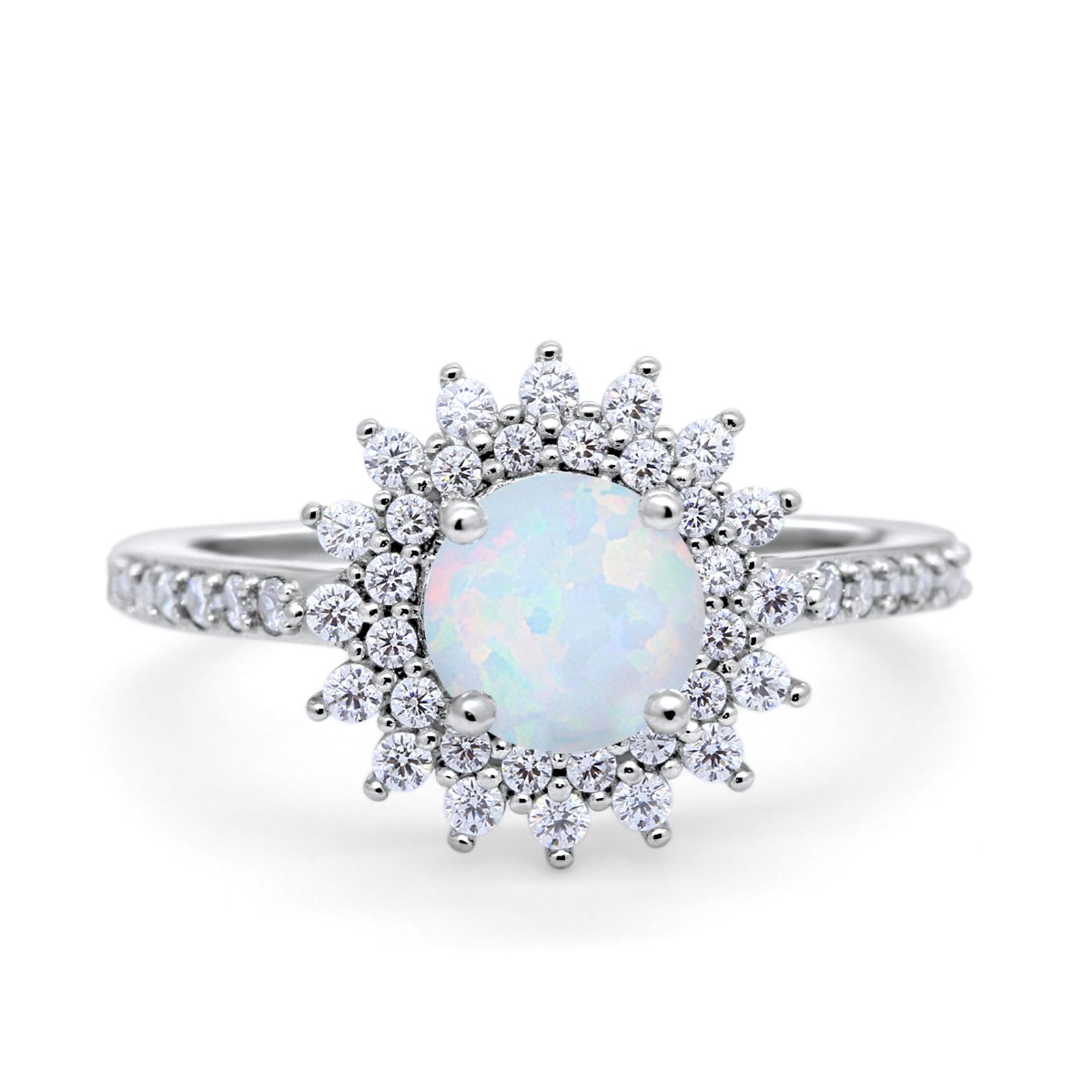 Halo Starburst Flower Wedding Ring Simulated Cubic Zirconia 925 Sterling Silver