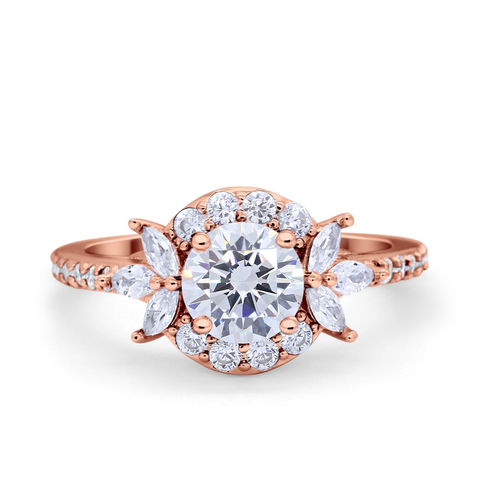 Halo Floral Wedding Ring Marquise Simulated Cubic Zirconia 925 Sterling Silver