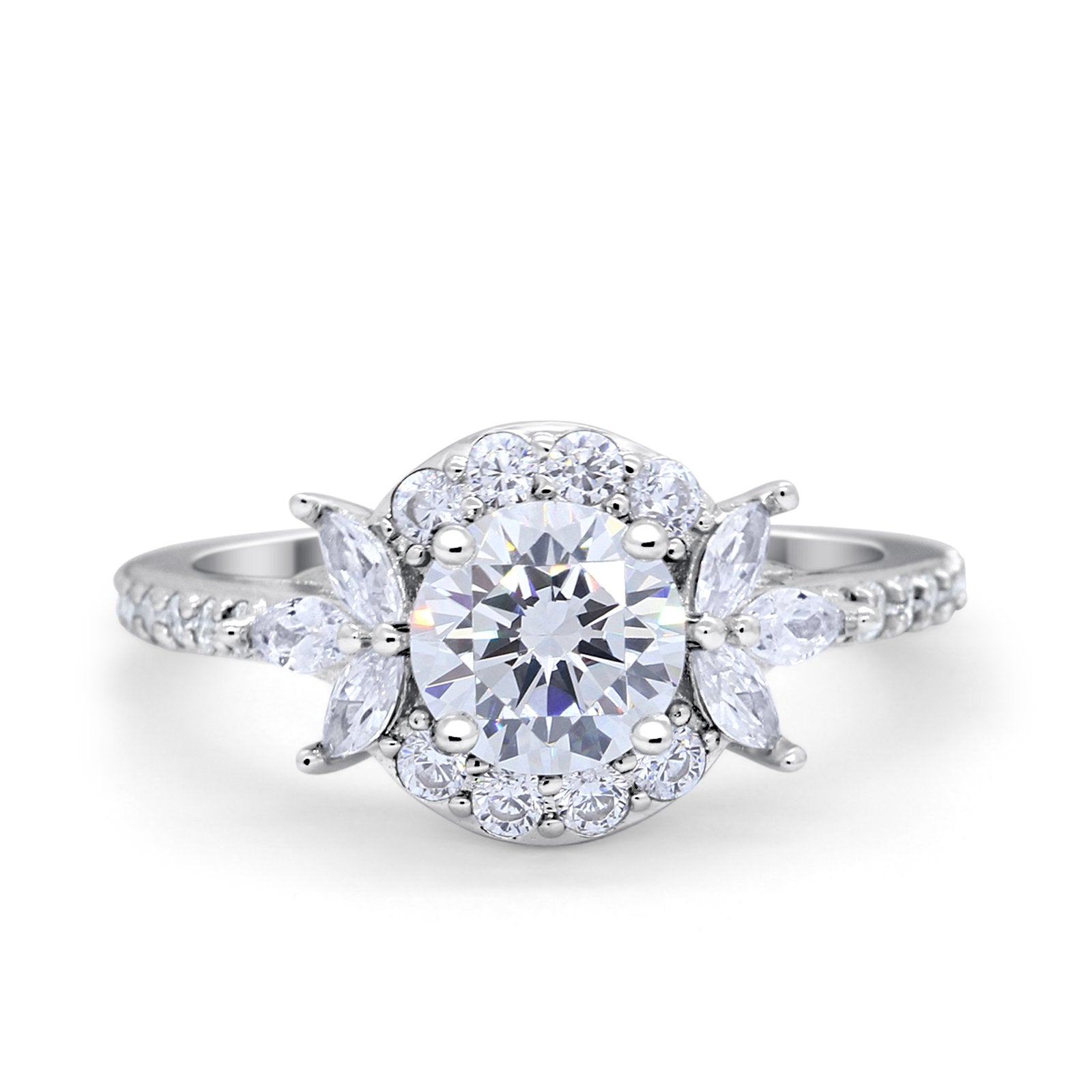 Halo Floral Wedding Ring Marquise Simulated Cubic Zirconia 925 Sterling Silver