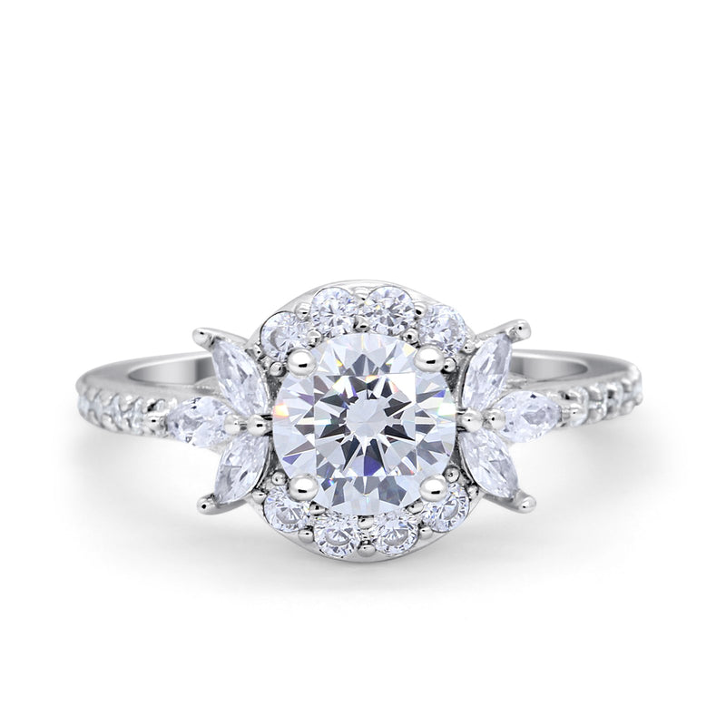 Halo Floral Wedding Ring Marquise Simulated Cubic Zirconia 925 Sterling Silver
