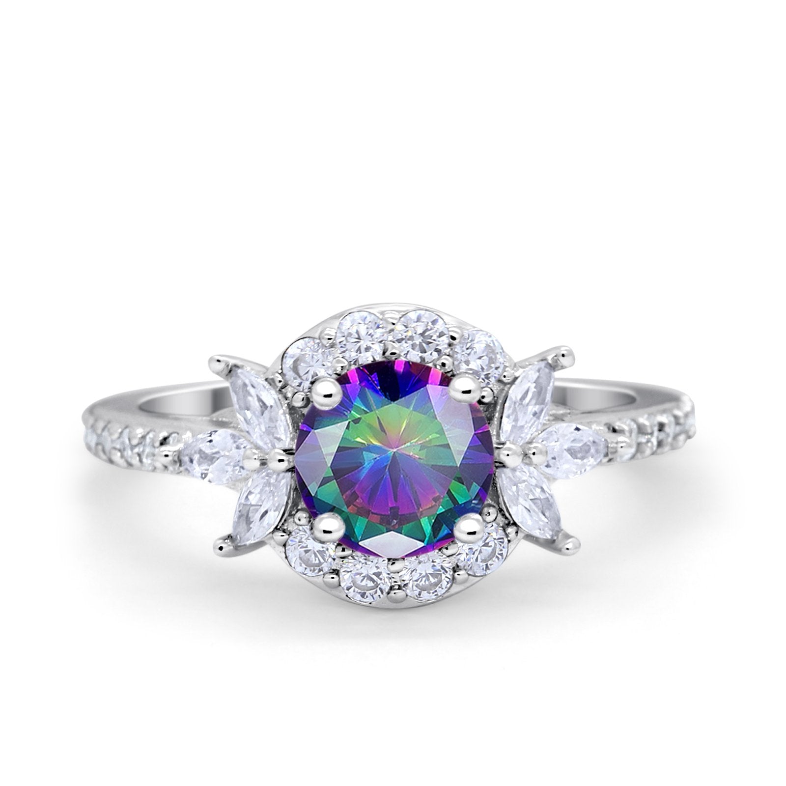 Halo Floral Wedding Ring Marquise Simulated Cubic Zirconia 925 Sterling Silver