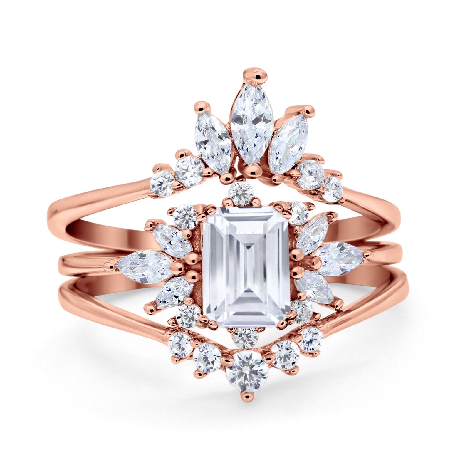 Trio Set Wedding Ring Piece Simulated Cubic Zirconia 925 Sterling Silver