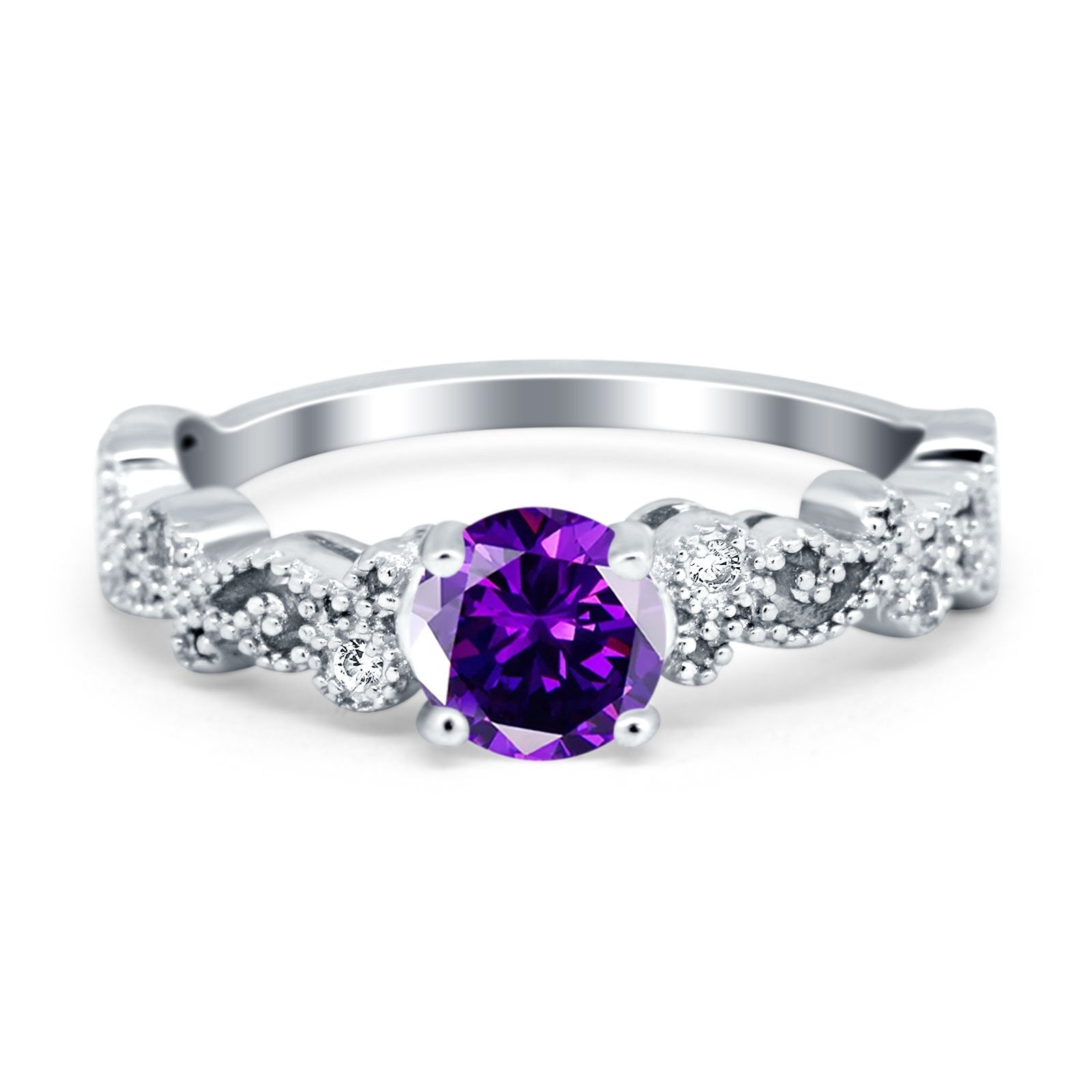 Filigree Art Deco Wedding Ring Round Simulated Cubic Zirconia 925 Sterling Silver