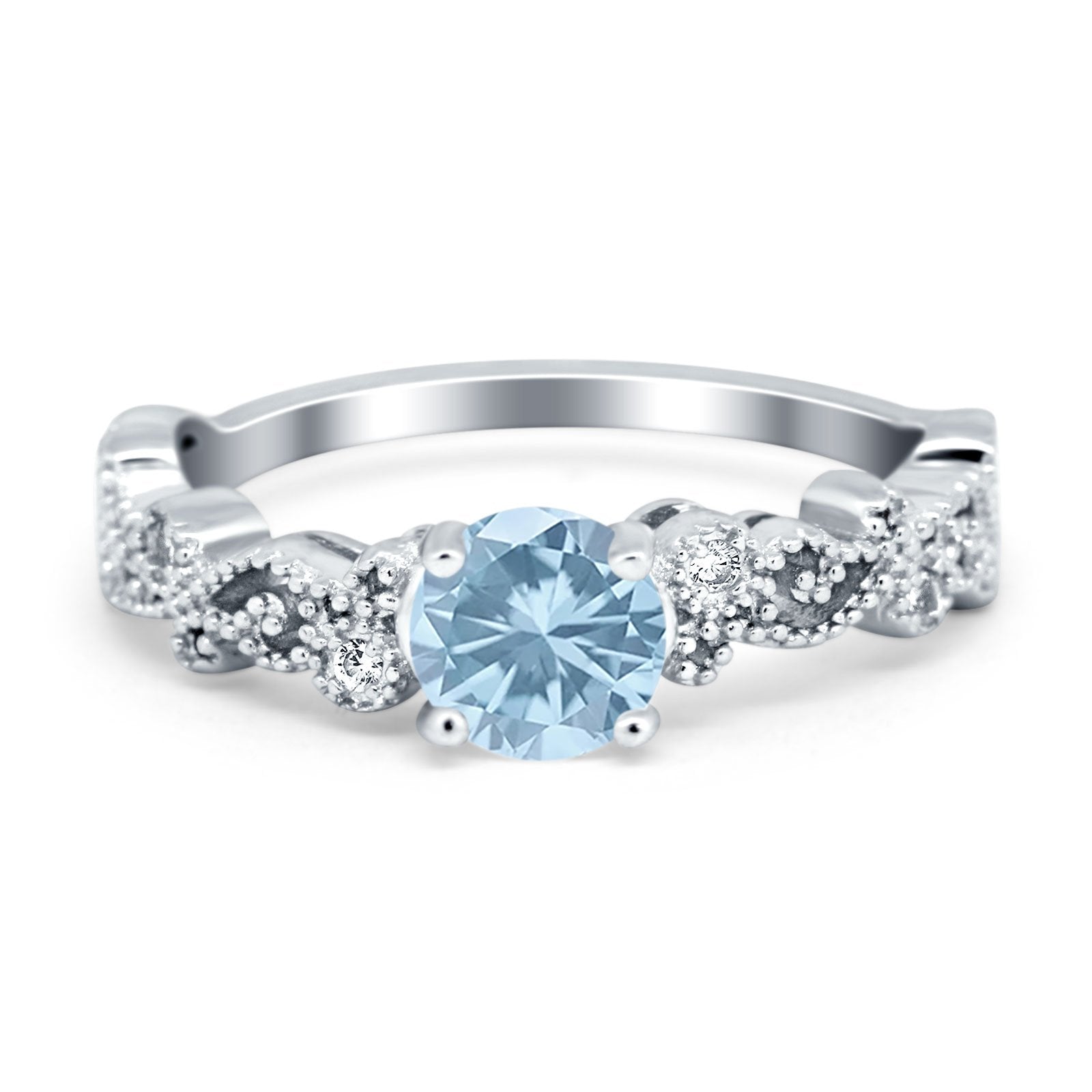 Filigree Art Deco Wedding Ring Round Simulated Cubic Zirconia 925 Sterling Silver