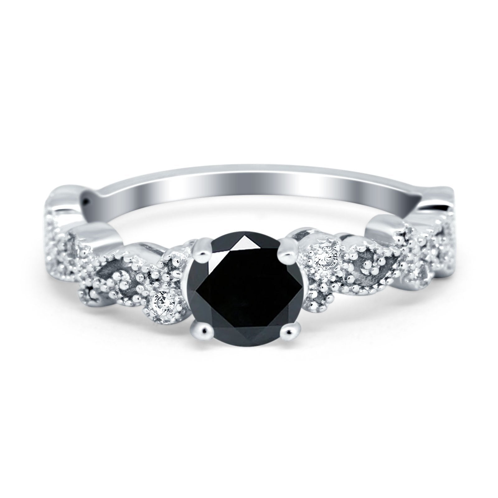 Filigree Art Deco Wedding Ring Round Simulated Cubic Zirconia 925 Sterling Silver