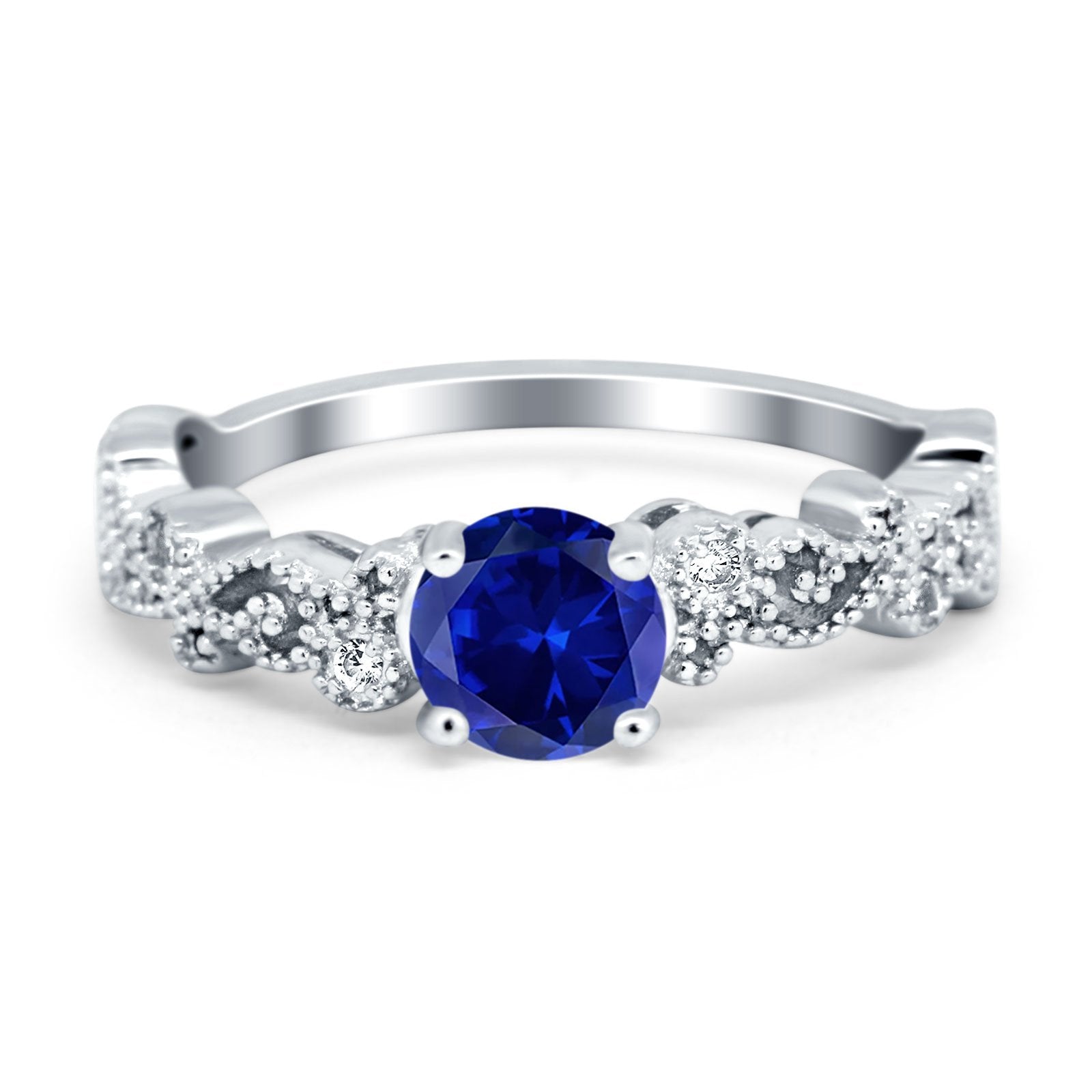 Filigree Art Deco Wedding Ring Round Simulated Cubic Zirconia 925 Sterling Silver
