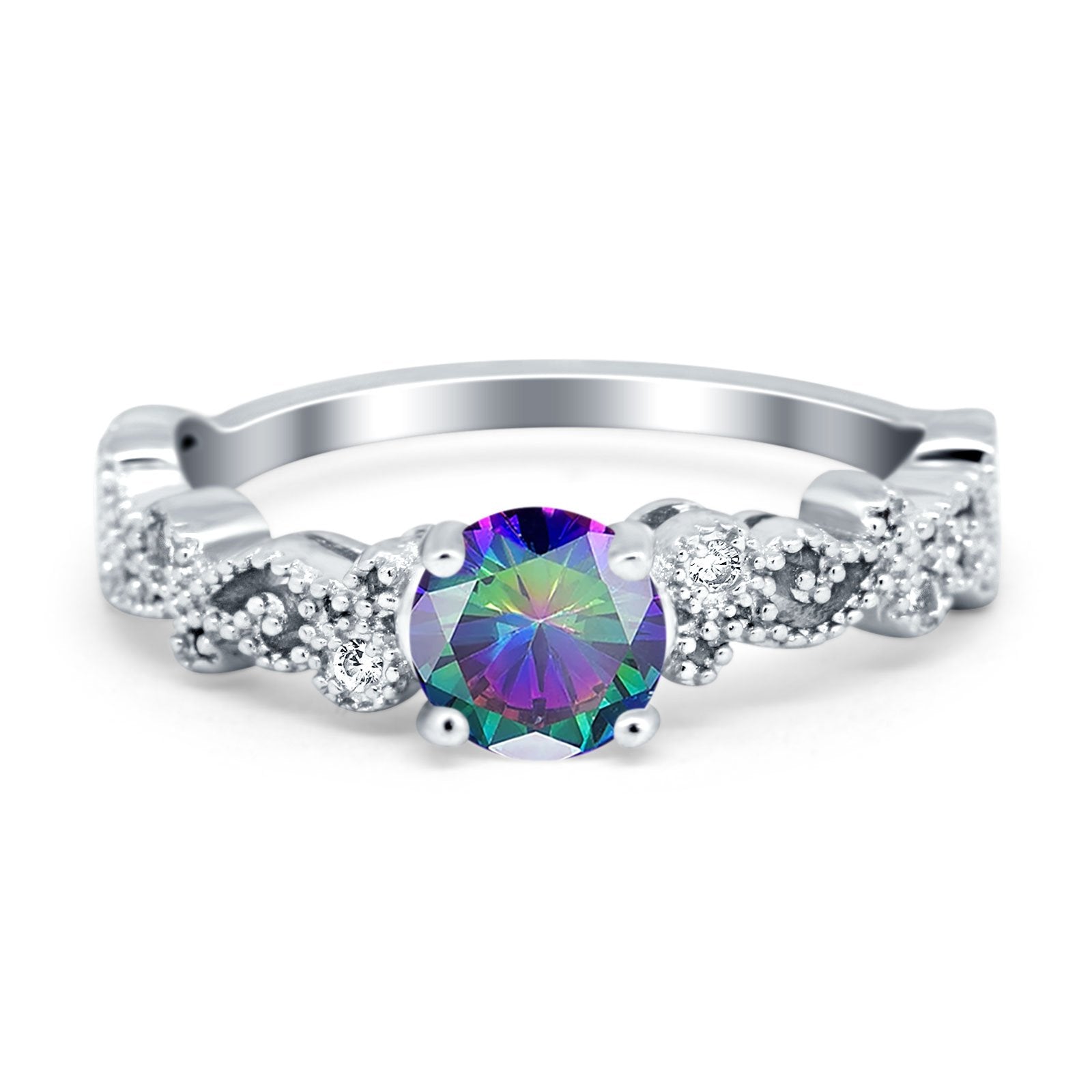 Filigree Art Deco Wedding Ring Round Simulated Cubic Zirconia 925 Sterling Silver