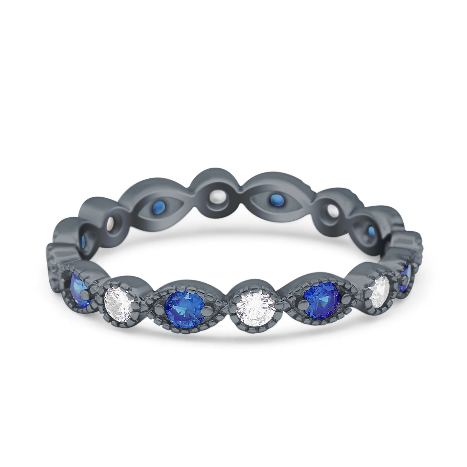 Curved Marquise Art Dec Full Eternity Stackable Band Simulated Blue Sapphire & Cubic Zirconia 925 Sterling Silver
