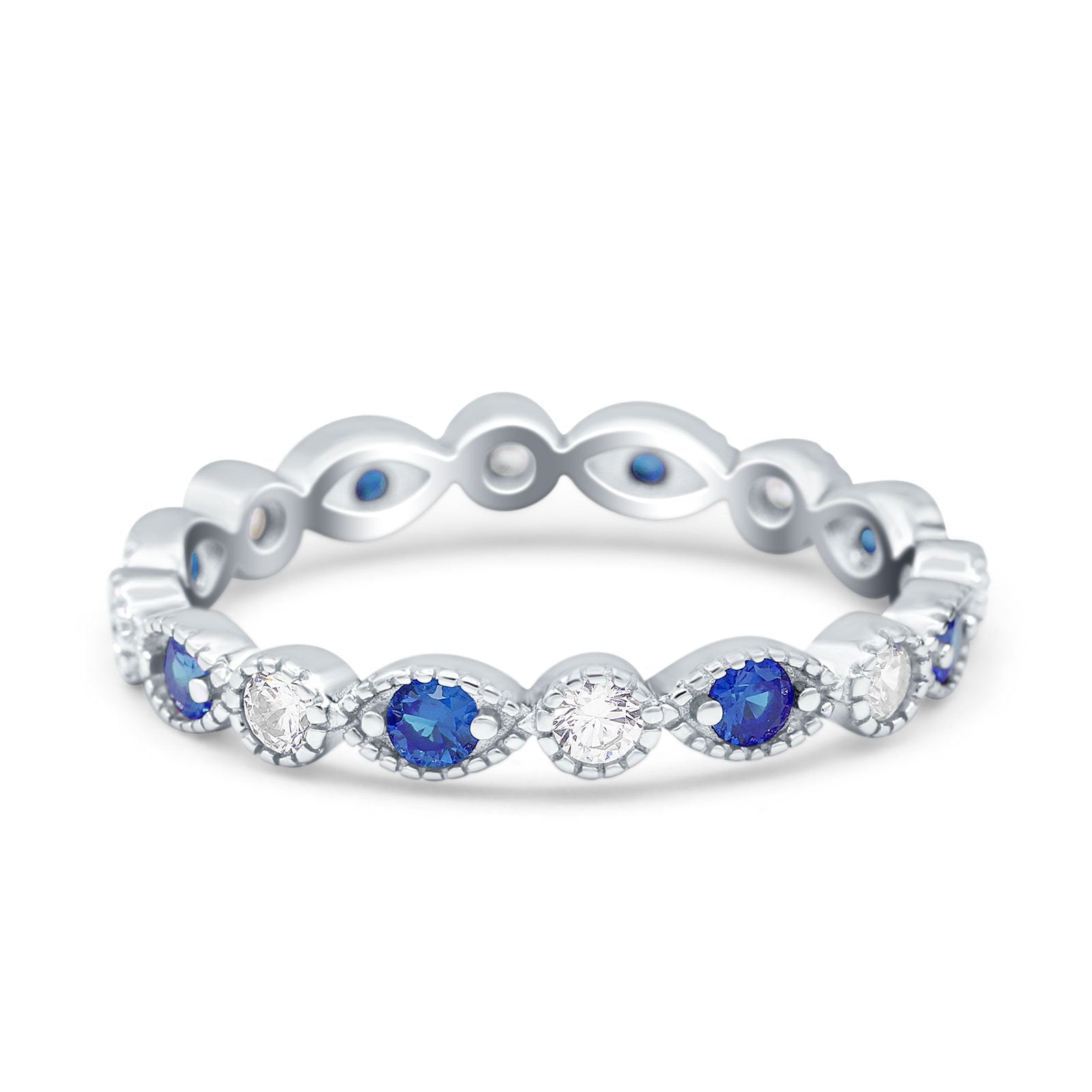 Curved Marquise Art Dec Full Eternity Stackable Band Simulated Blue Sapphire & Cubic Zirconia 925 Sterling Silver