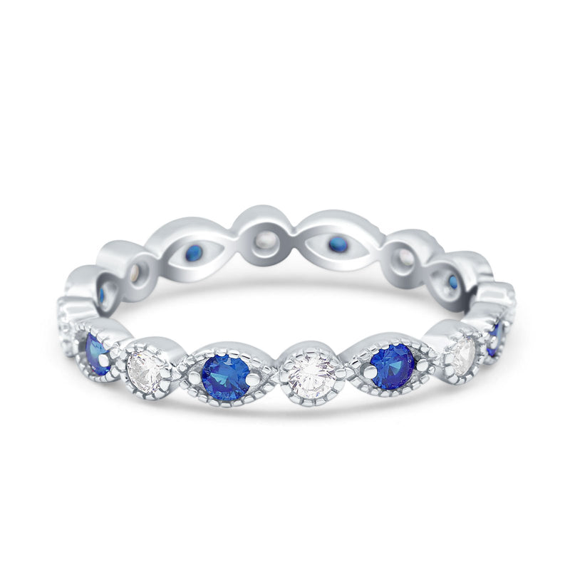 Curved Marquise Art Dec Full Eternity Stackable Band Simulated Blue Sapphire & Cubic Zirconia 925 Sterling Silver