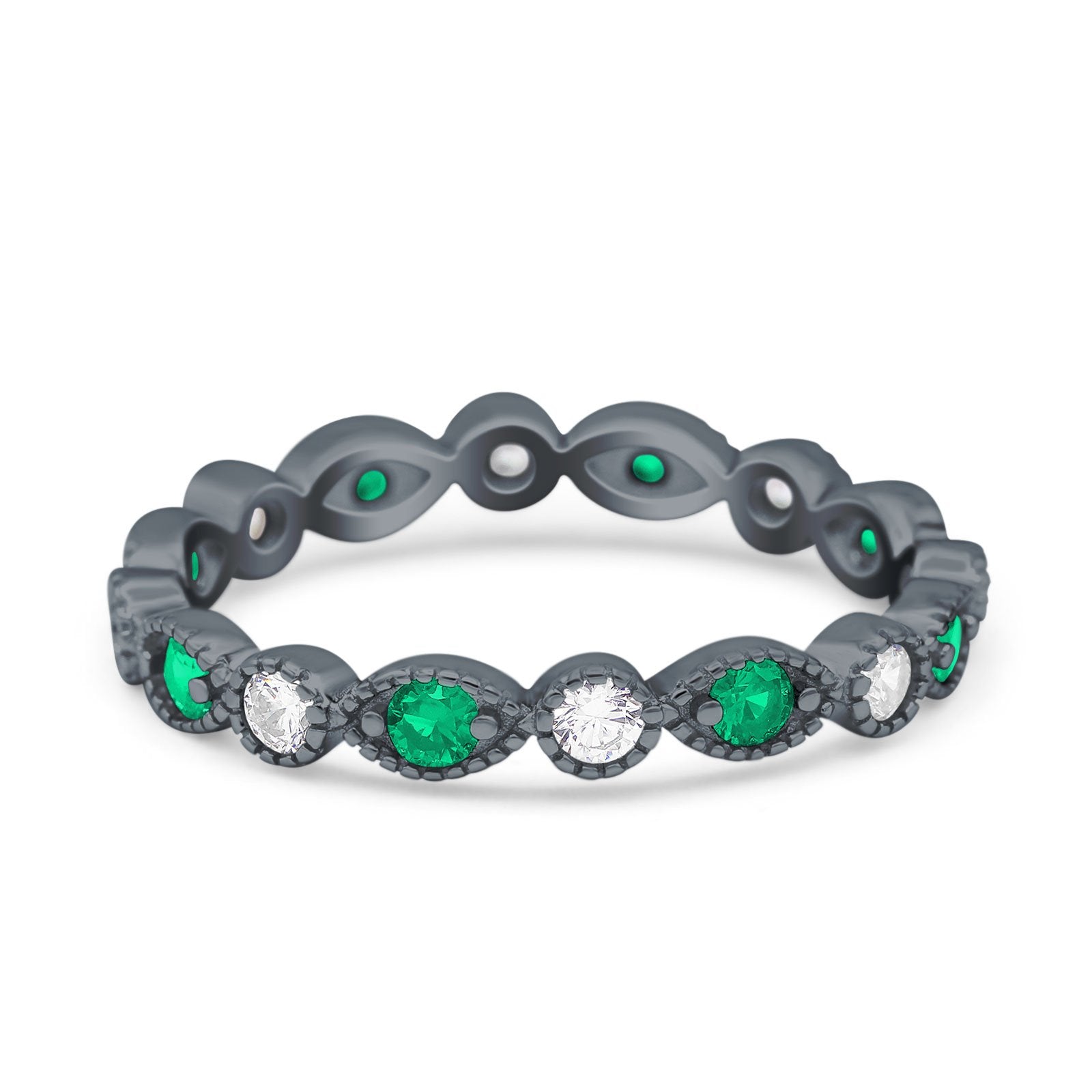 Curved Marquise Art Dec Full Eternity Stackable Band Simulated Green Emerald & Cubic Zirconia 925 Sterling Silver
