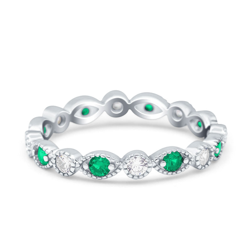 Curved Marquise Art Dec Full Eternity Stackable Band Simulated Green Emerald & Cubic Zirconia 925 Sterling Silver