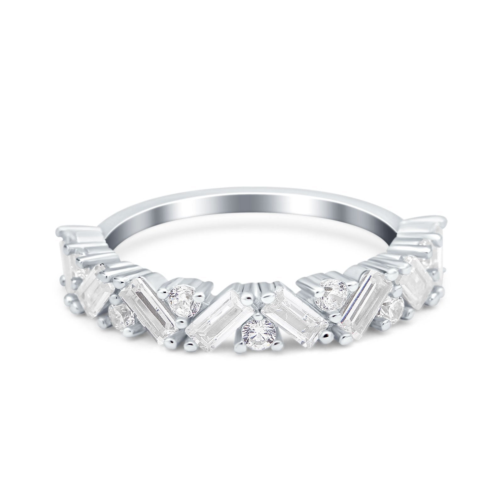 Art Deco Baguette Half Eternity Wedding Band Ring Simulated Cubic Zirconia 925 Sterling Silver