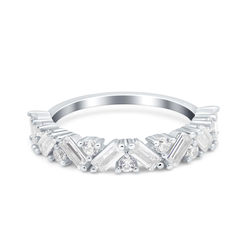 Art Deco Baguette Half Eternity Wedding Band Ring Simulated Cubic Zirconia 925 Sterling Silver