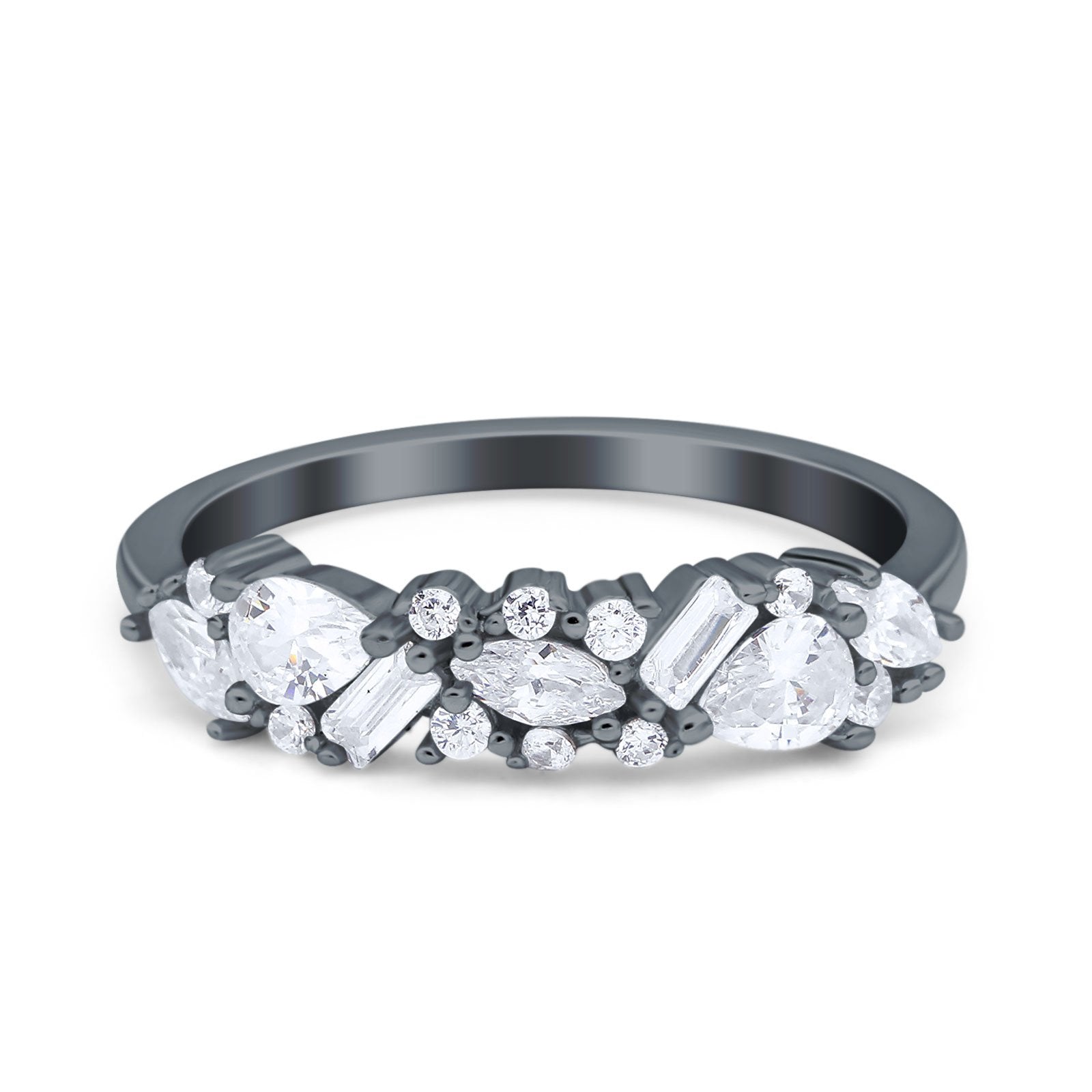 Half Eternity Pear Marquise Baguette Wedding Band Ring Simulated Cubic Zirconia 925 Sterling Silver