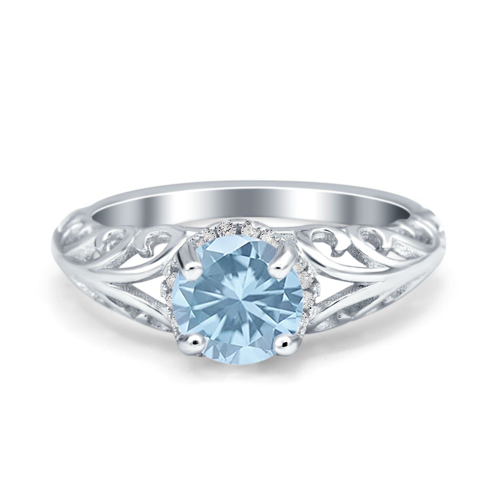 Art Deco Filigree Wedding Engagement Bridal Ring Round Simulated Cubic Zirconia 925 Sterling Silver