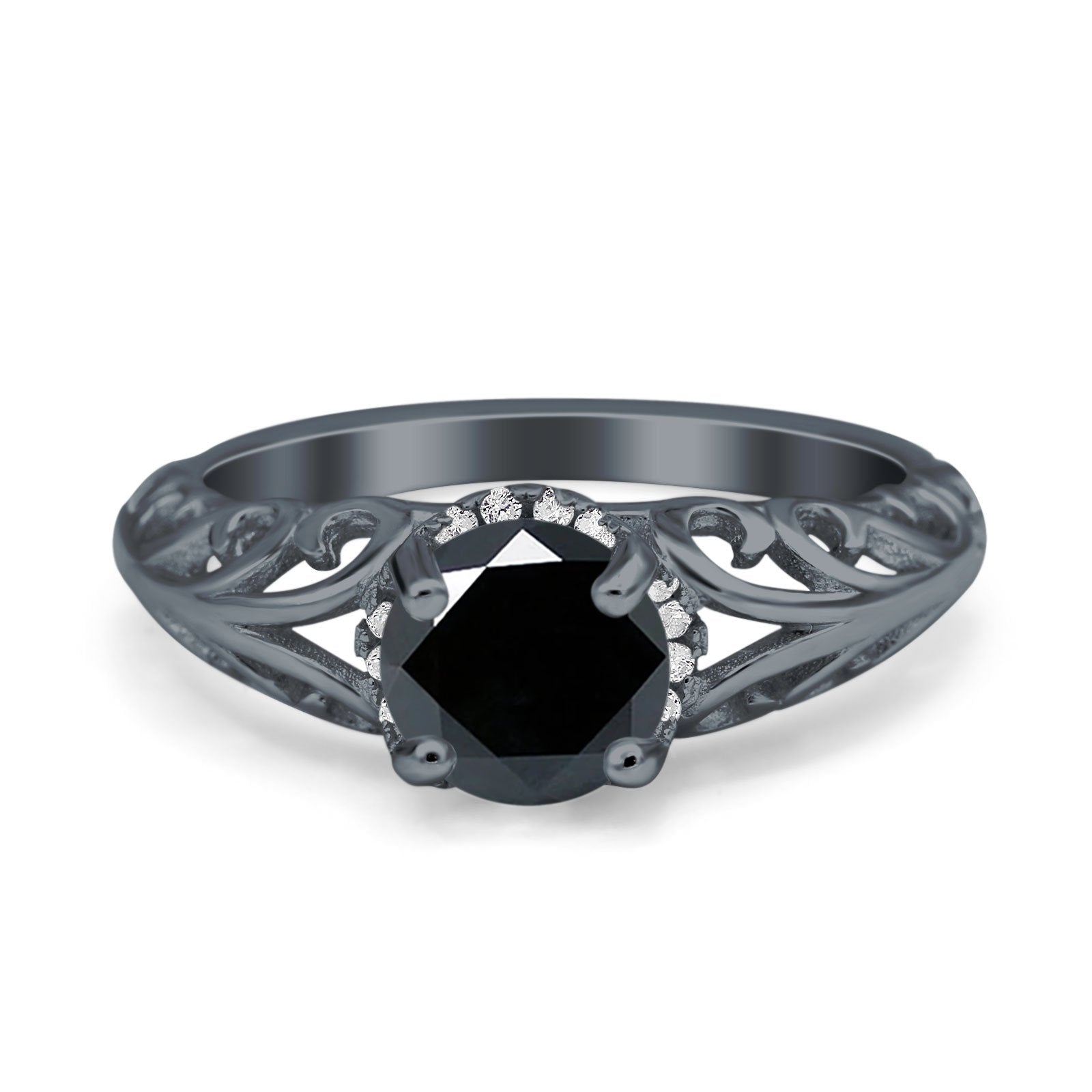 Art Deco Filigree Wedding Engagement Bridal Ring Round Simulated Cubic Zirconia 925 Sterling Silver