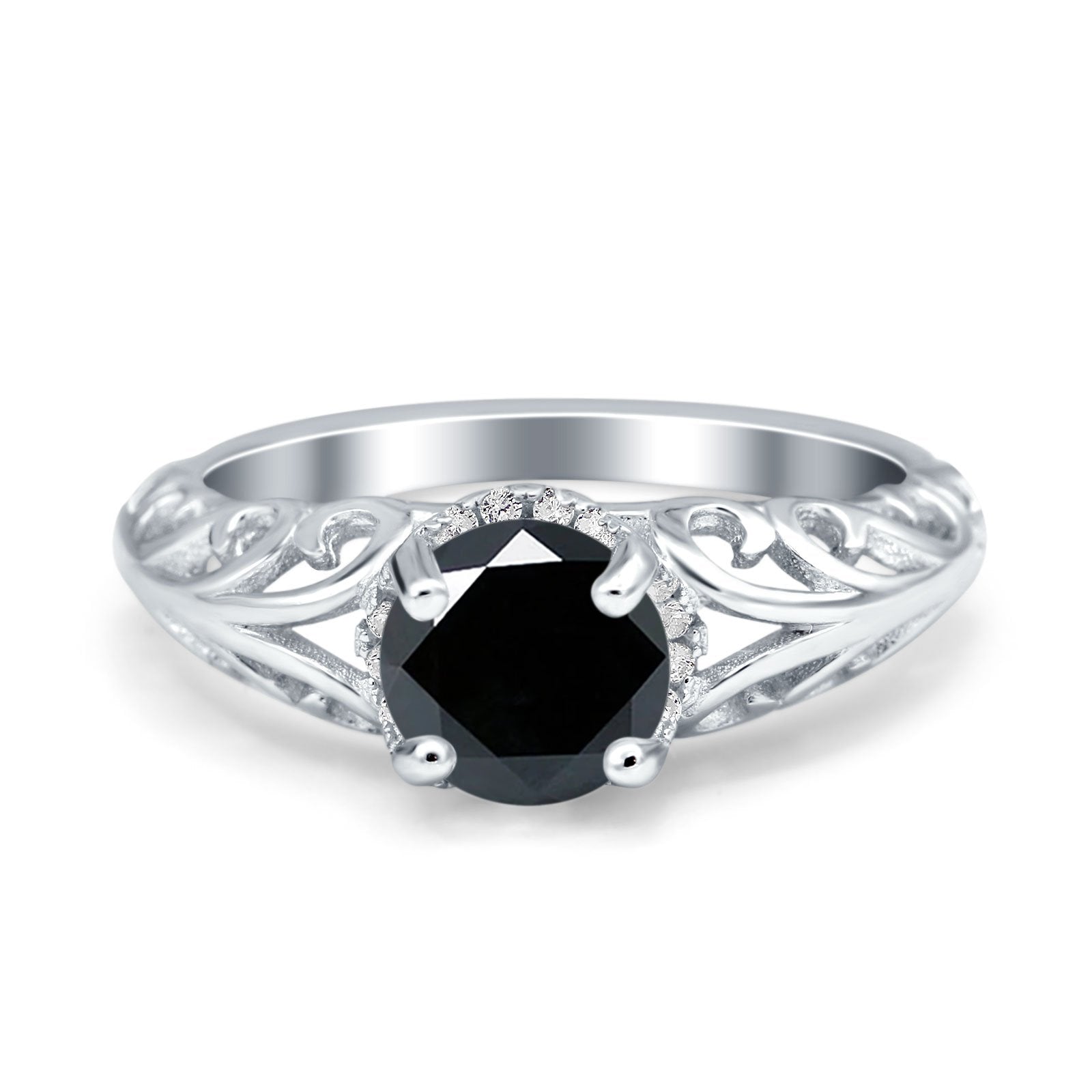 Art Deco Filigree Wedding Engagement Bridal Ring Round Simulated Cubic Zirconia 925 Sterling Silver