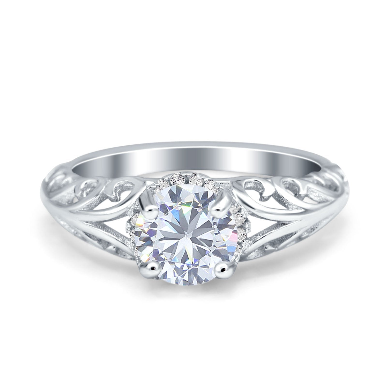 Art Deco Filigree Wedding Engagement Bridal Ring Round Simulated Cubic Zirconia 925 Sterling Silver