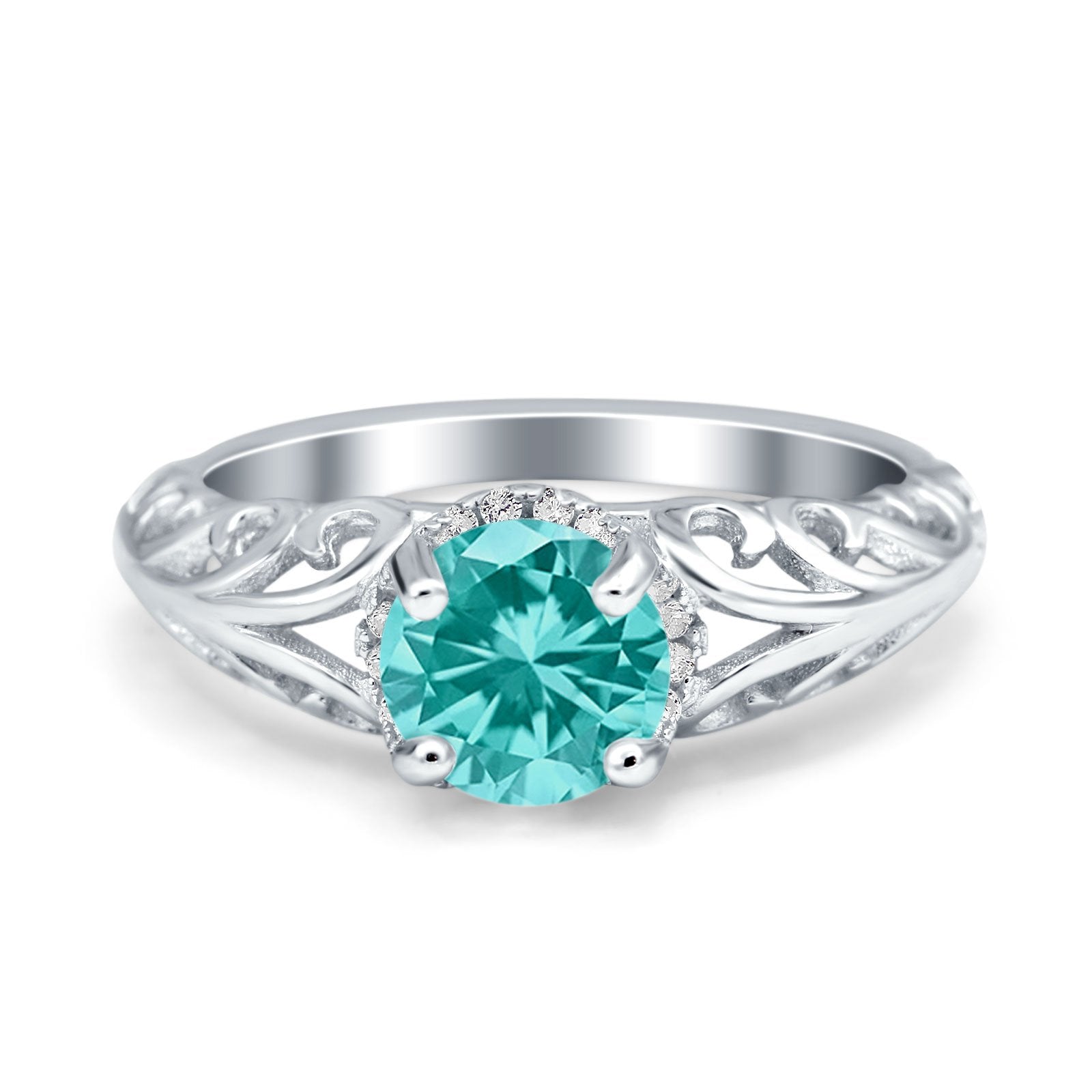Art Deco Filigree Wedding Engagement Bridal Ring Round Simulated Cubic Zirconia 925 Sterling Silver