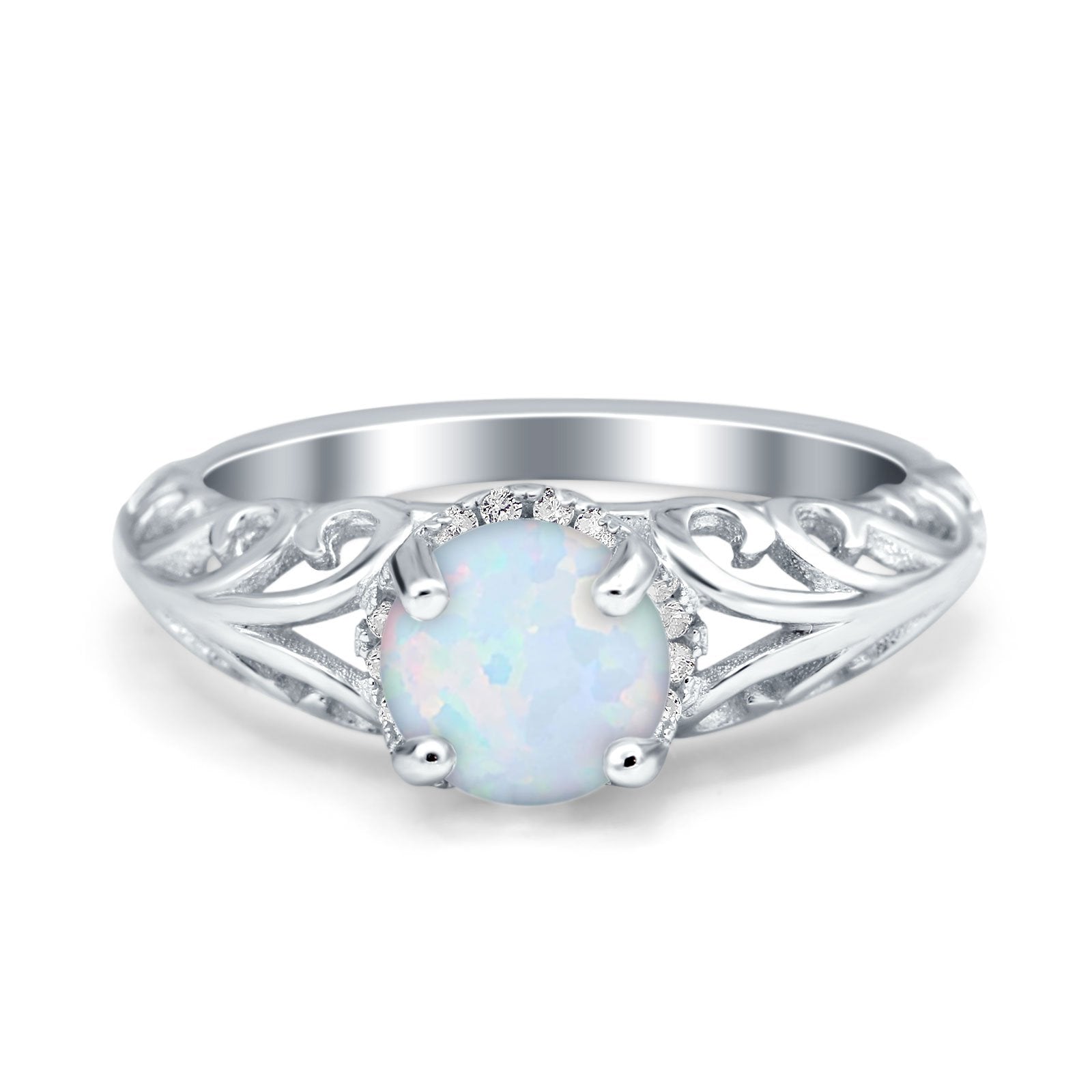 Art Deco Filigree Wedding Engagement Bridal Ring Round Simulated Cubic Zirconia 925 Sterling Silver