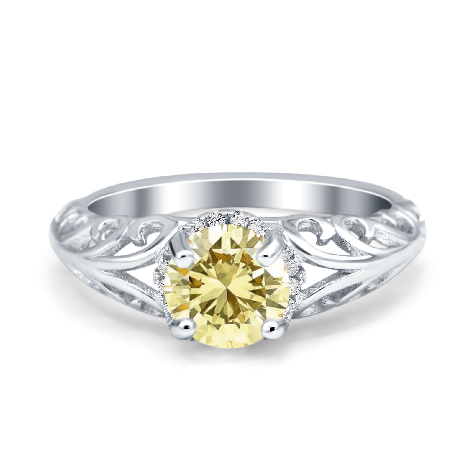 Art Deco Filigree Wedding Engagement Bridal Ring Round Simulated Cubic Zirconia 925 Sterling Silver