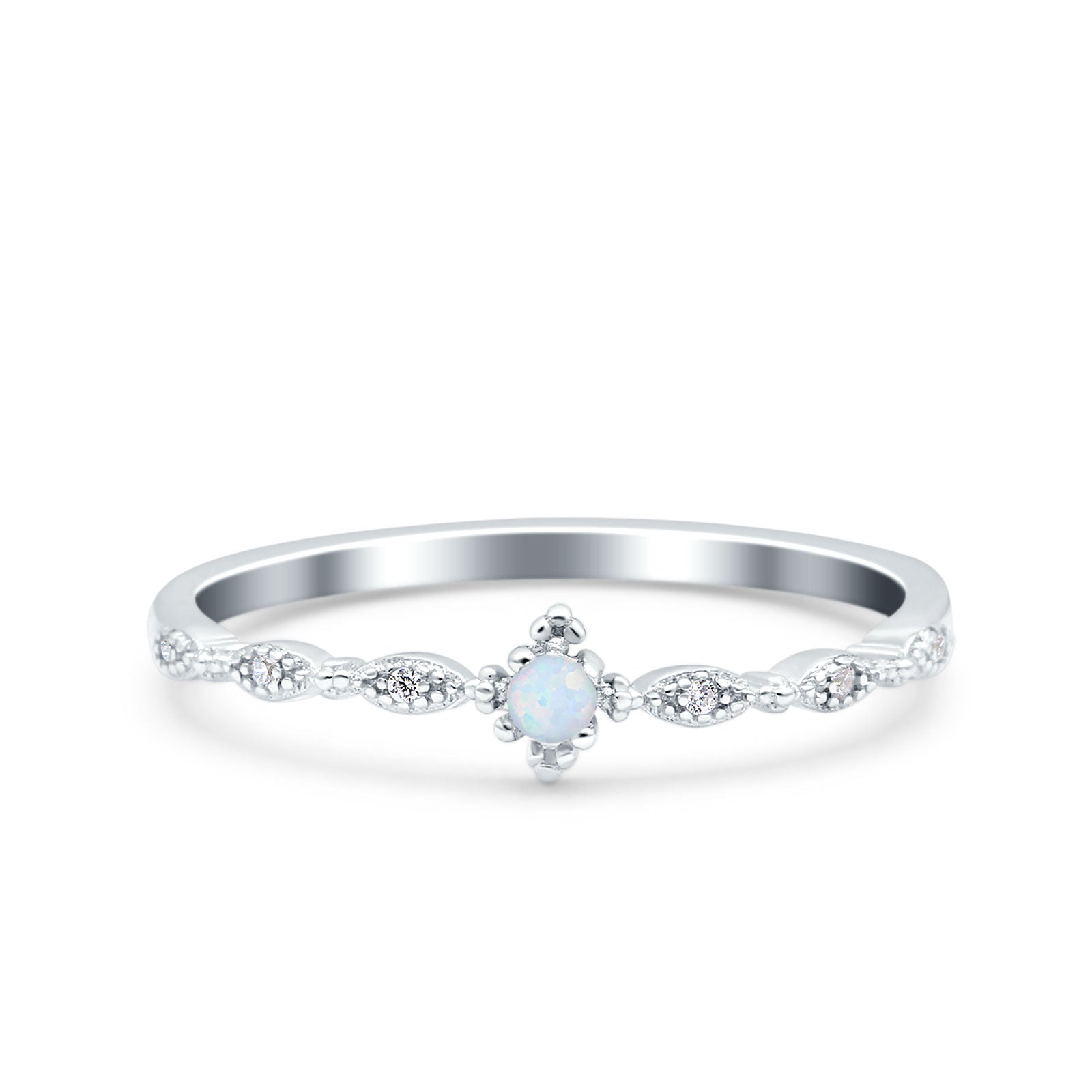 Petite Dainty Lab Opal Ring Solid Round Oxidized Simulated CZ 925 Sterling Silver