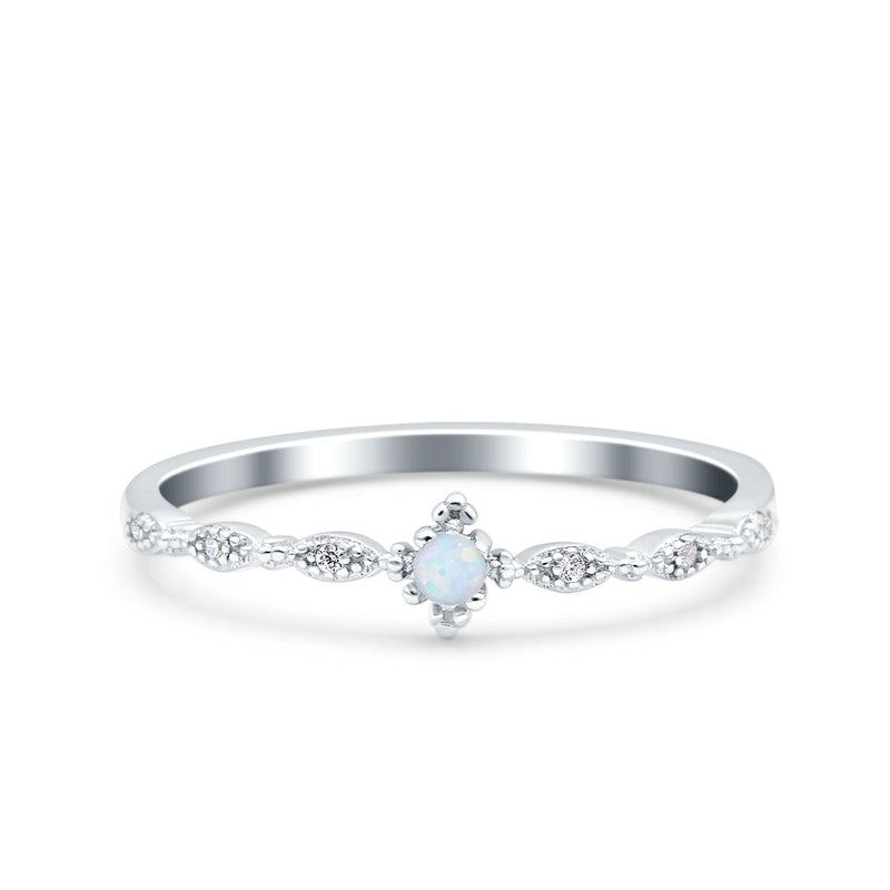 Petite Dainty Lab Opal Ring Solid Round Oxidized Simulated CZ 925 Sterling Silver