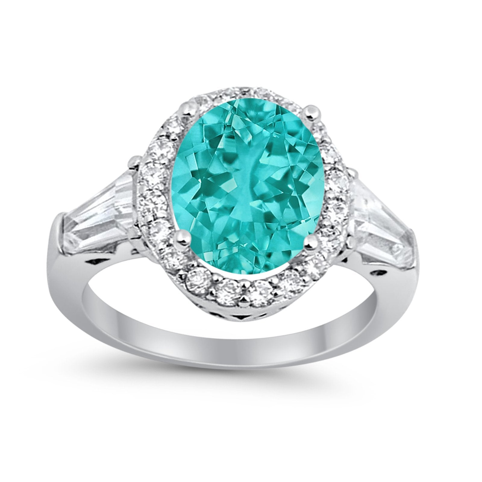 Halo Fashion Ring Round Baguette Simulated CZ 925 Sterling Silver